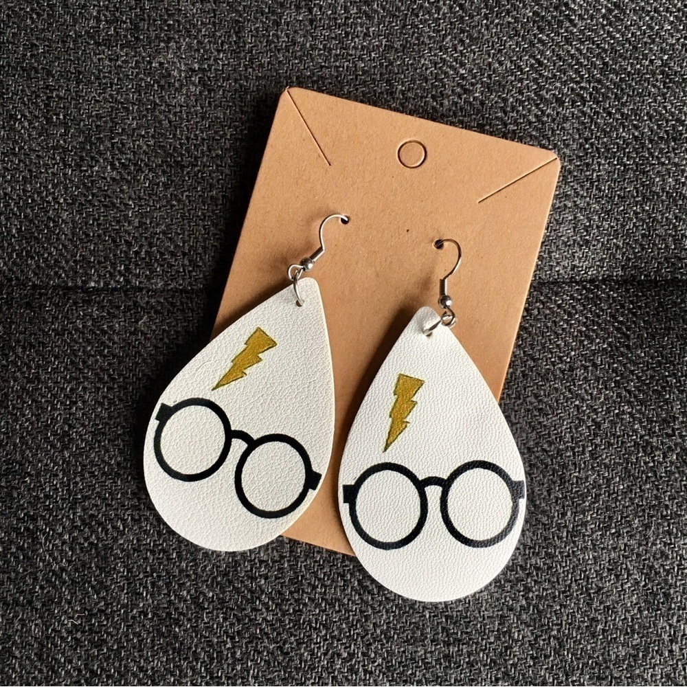 Harry Potter Leather Dangle Earrings, White, Black, Lime Green - Picture 14 of 14